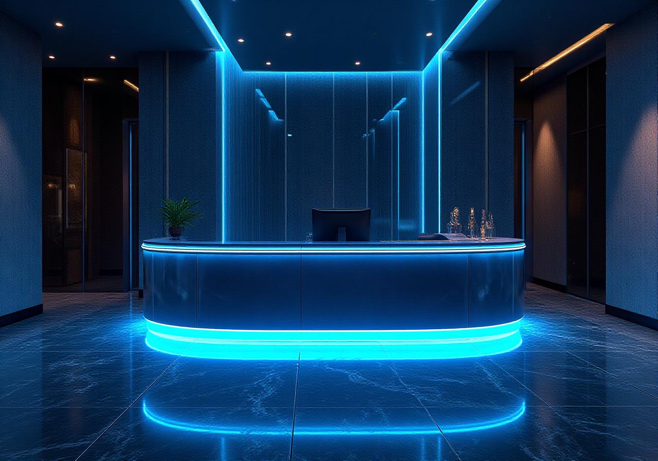 Lobby futuriste et luxueux de Chroma Nuit avec éclairage néon